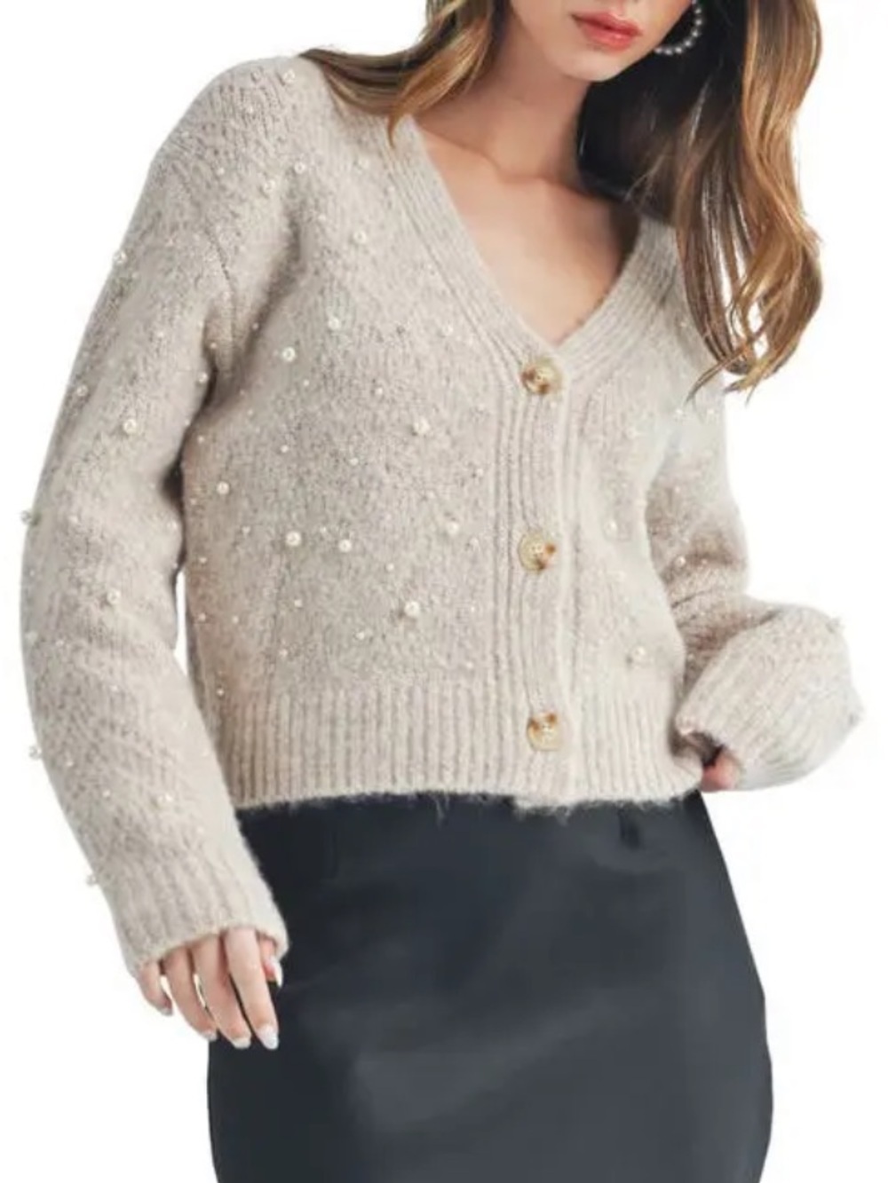 ALL IN FAVOR Imitation Pearl V-Neck Cardigan sweater tan fuzzy
